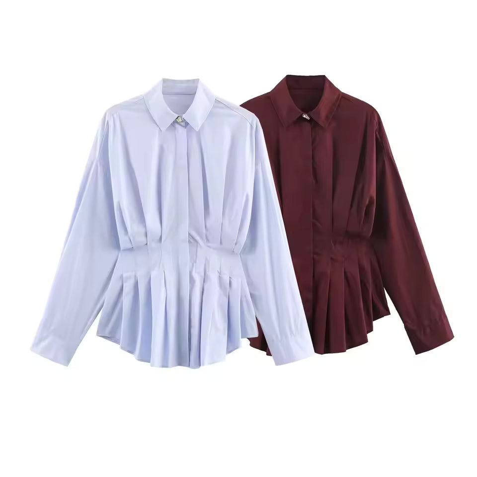 Witte poplin blouse met plooien in de taille voor dames